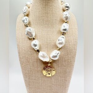 Original Creation Elegant Gold and White Pearl Necklace with sand dollar pendant
